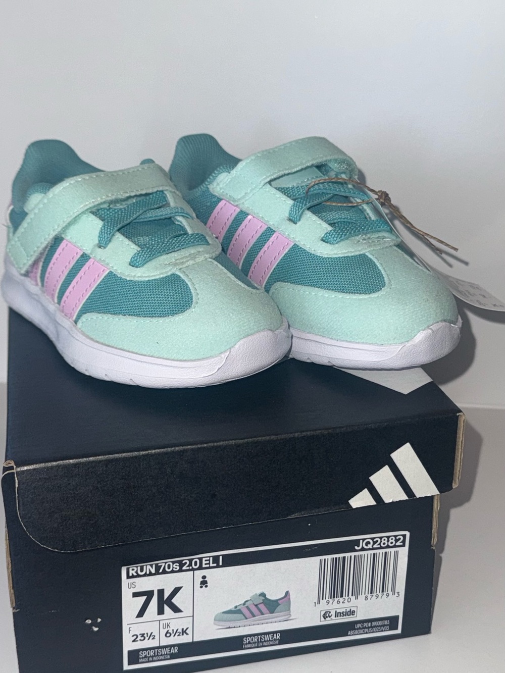 adidas Kids Run 70’s 2.0 EL1 size 7K NIB mint and lavender.